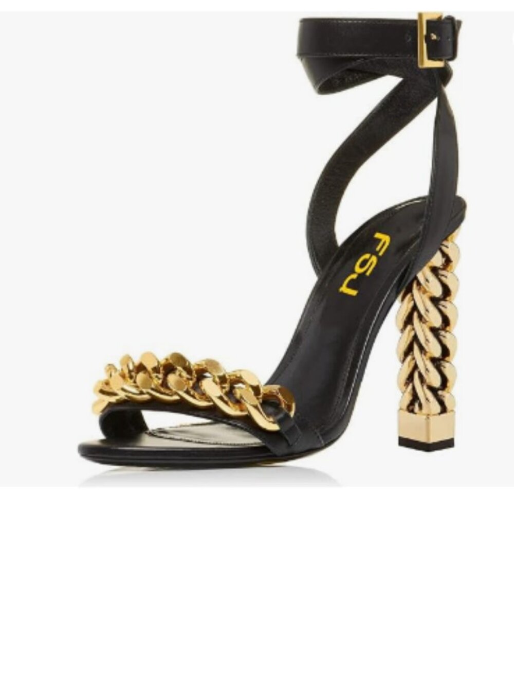 FSJ Black Chain Gold Metal Chain Chunky High Heels Ankle Strap Open Toe Sandals